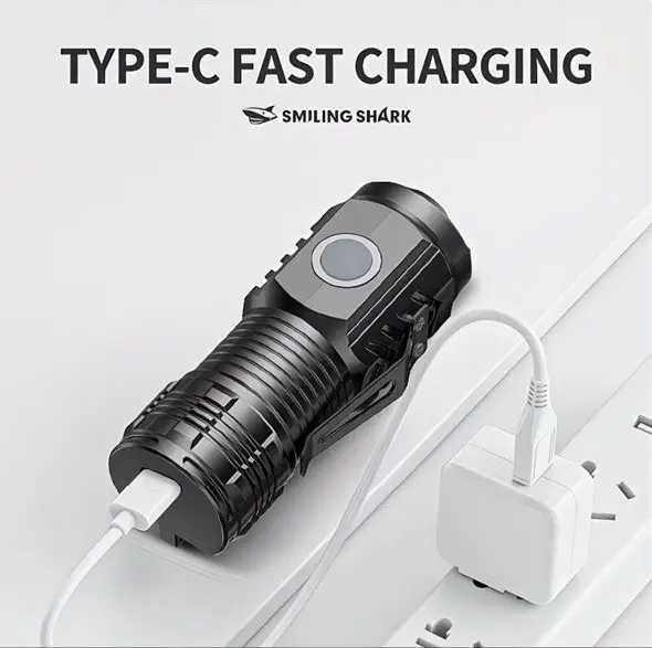 Мощный ручной фонарик Smiling Shark, 3 светодиода, LED аккумуляторный