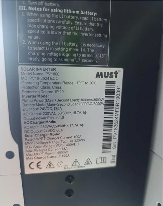 Гібридний інвертор MUST PV-18 3624ECO, 3600W, 24v, струм заряду 60 А