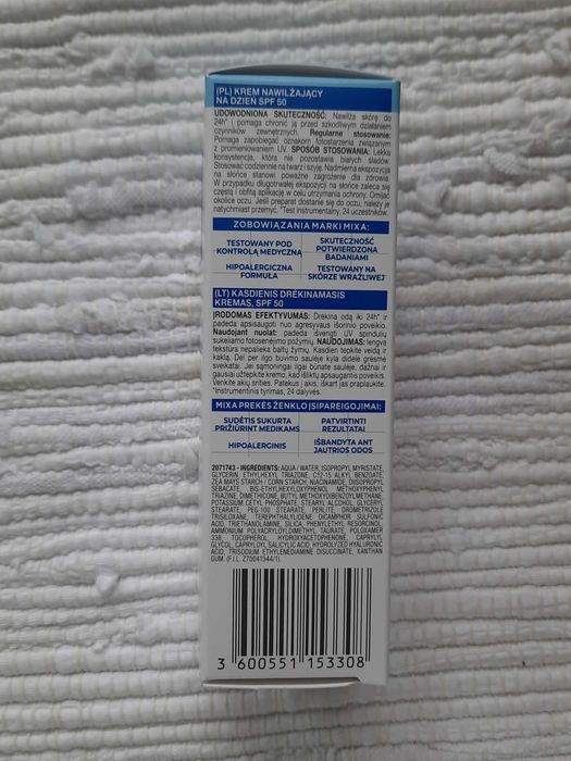 Mixa Nawilżający krem do twarzy z kwasem hialuronowym SPF50, 50 ml