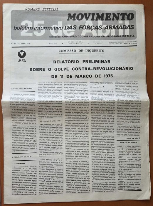 Boletim Original do MFA – Movimento 25 de Abril (23 Abril 1975)