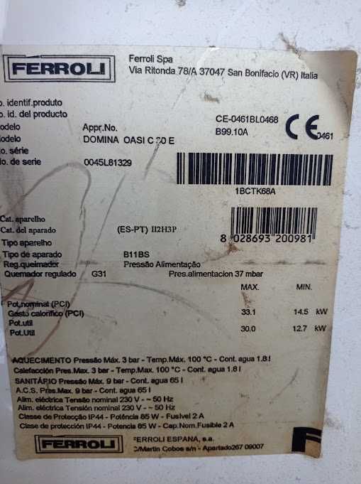 Caldeira Ferroli Domina C30 E - para peças