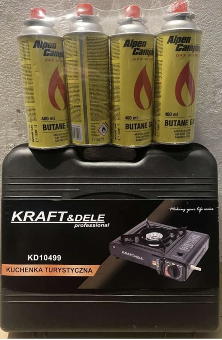 Портативна газова плита Kraft&Dele 2200 Вт + 4 балони Alpen Camping (400мл)