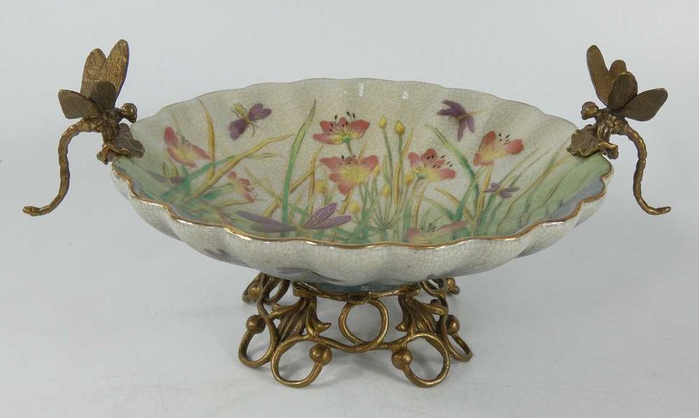 PATERA porcelana + brąz paterka WAŻKA kwiat sygnowana