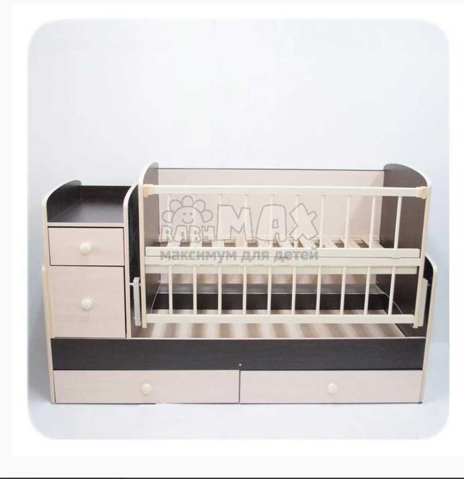 Кроватка-трансформер 4в1 с ящиками,маятником
