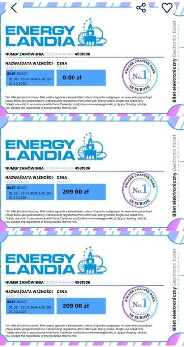 6  szt  Bilety do  energylandia  energylandi energylandii