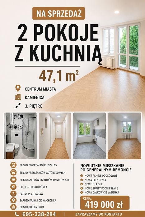 Na sprzedaż – 2 pokoje z kuchnią | 47,1 m² | Centrum | po generalnym remoncie