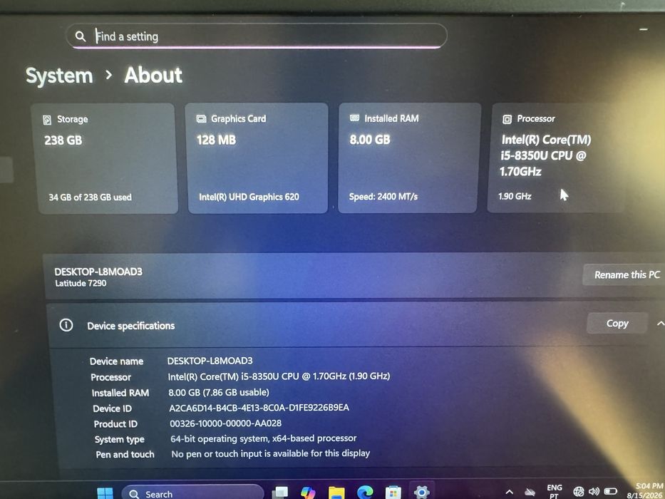 Dell Latitude i5 8ª geração | 256 GB SSD | 8GB RAM