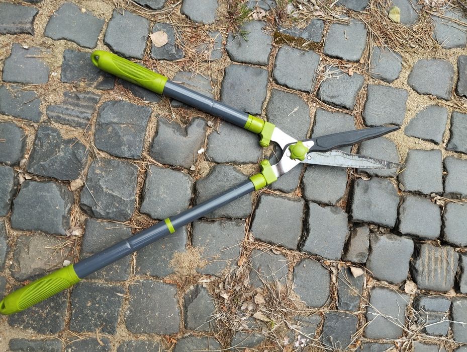 Długie teleskopowe nożyce do żywopłotu gałęzi krzaków krzewów.