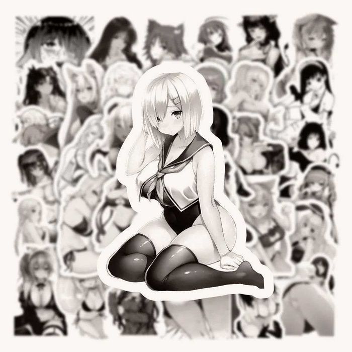 Наклейки стикеры хентай аниме вайфу сексуальные девушки черно-белые