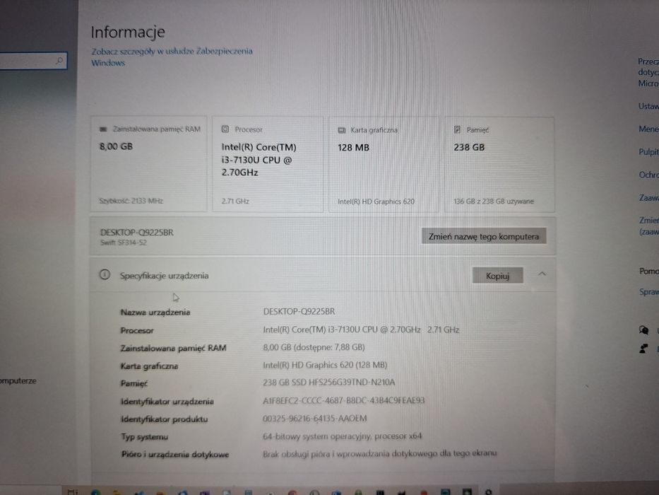 Laptop Acer Swift 3  SF314-52, i3, 8GB ram, 250 GB