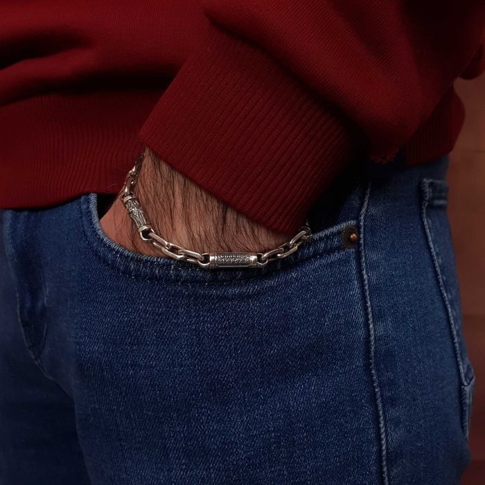 Чоловічий срібний браслет якірний зі вставками святих Цепочка на руку