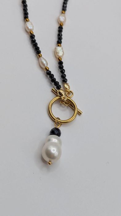Naszyjnik, czarny turmalin, perła słodkowodna