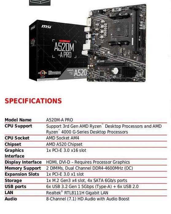 Игровой комплект райзен MSI A520M Ryzen 5 3600 16gb амд amd ryzen