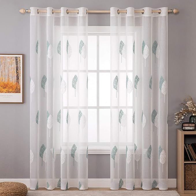MIULEE Zasłony z turkusowym i białymi liśćmi, haftowane, przezroczyste, 2 szt. wys. 245 x szer. 140 cm
