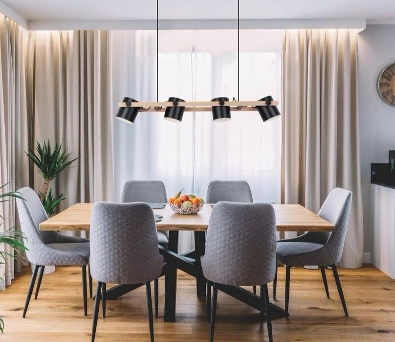 Lampa wisząca LOFT / Skandynawska – drewno i czarnalub biała , 4 punkty, Okazja ! 110 cm długości .
