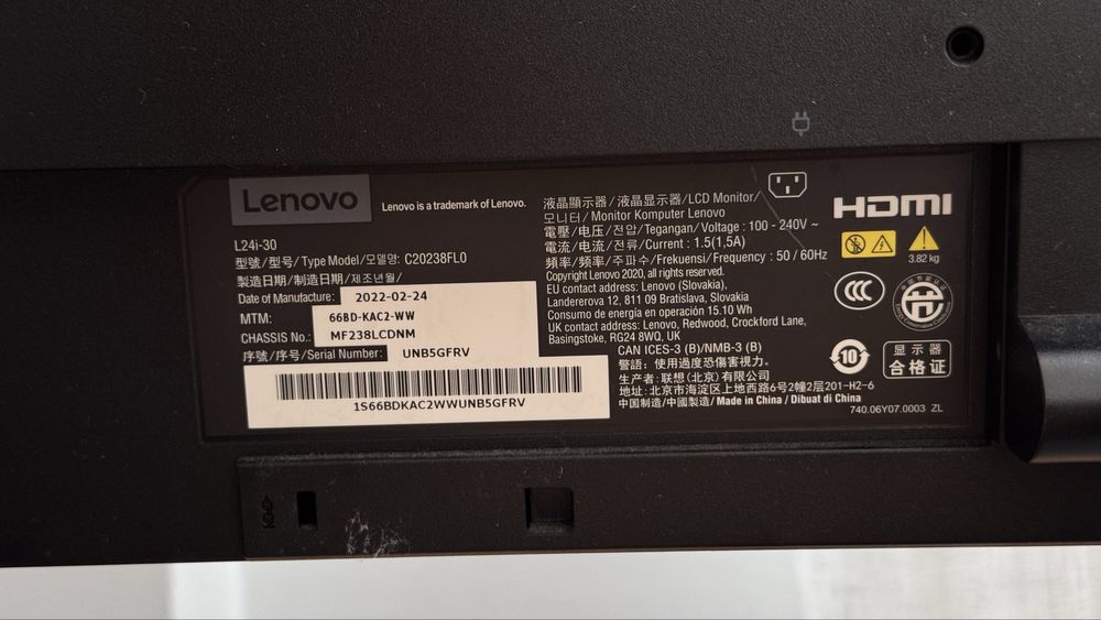 Monitor Lenovo L24i-30 — Como Novo