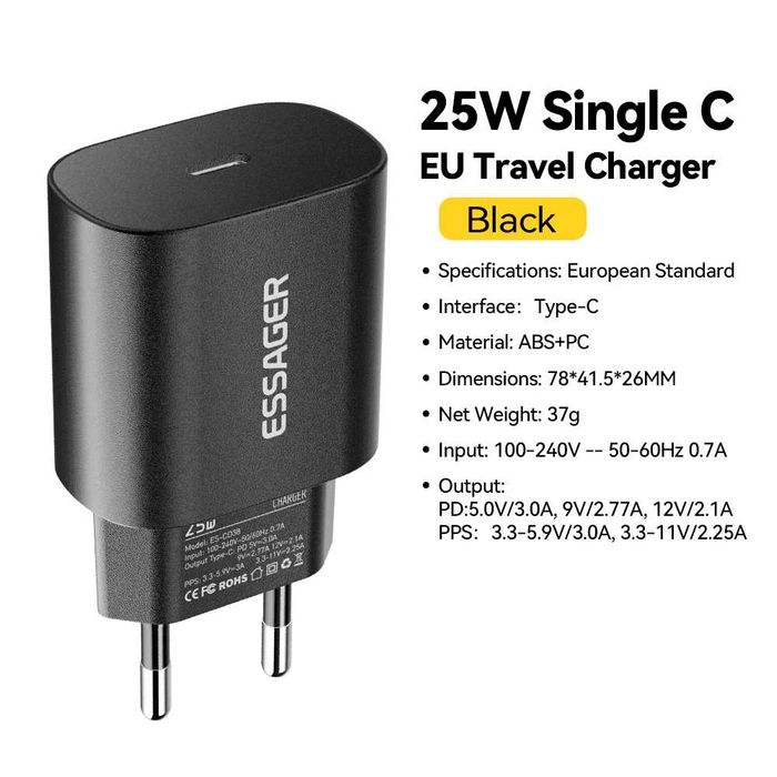 Швидка Зарядка Essager 25W для Самсунг/Айфону USB C iPhone 17 16 15 Pro Max Xiaomi Oneplus Xiaomi Samsung
