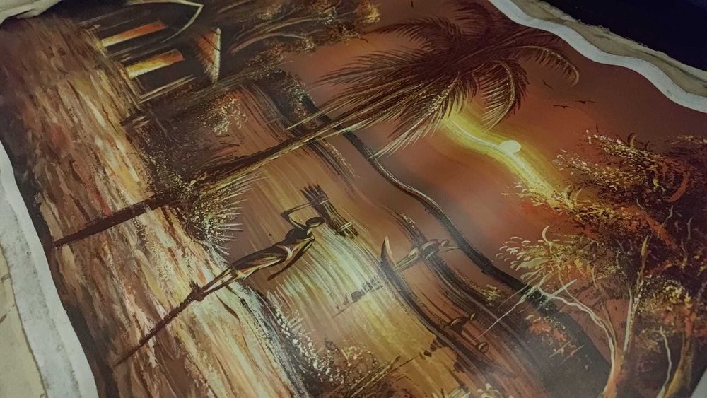 Pintura africana em tela – Pôr-do-sol junto ao rio em Angola