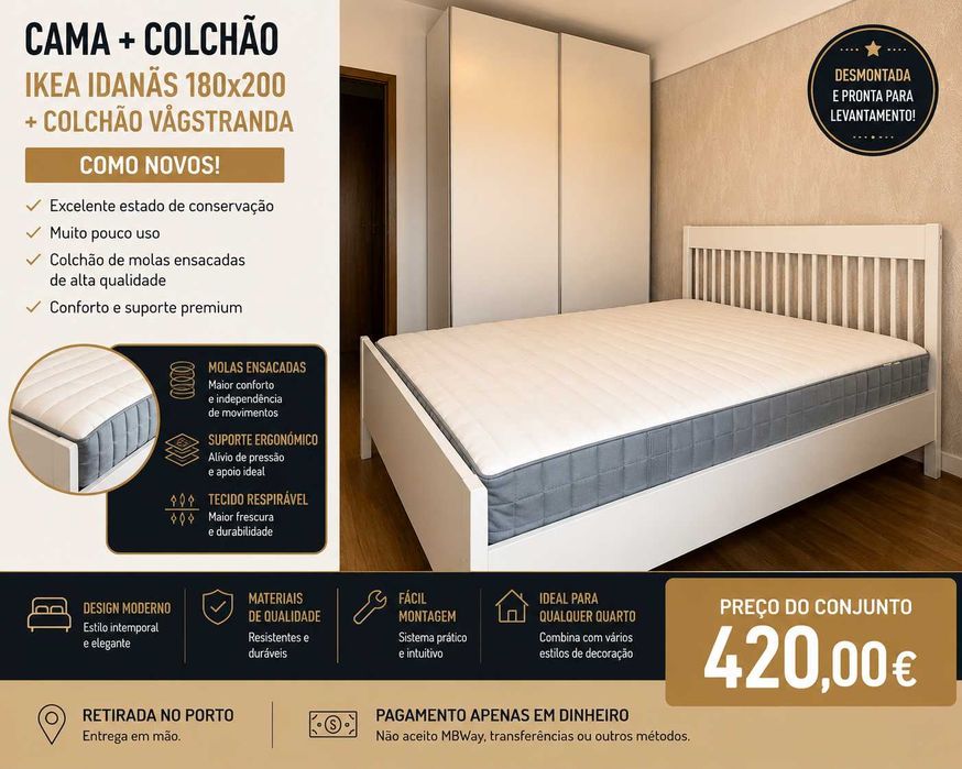 Cama IKEA IDANÄS 180x200 + Colchão VÅGSTRANDA – Como Novo