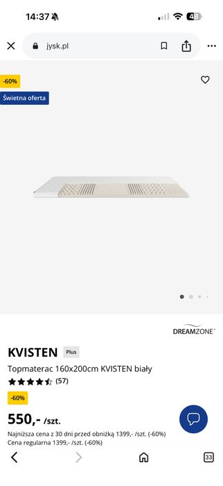 Kvisten Top materac Jysk 160x200 h7 cm