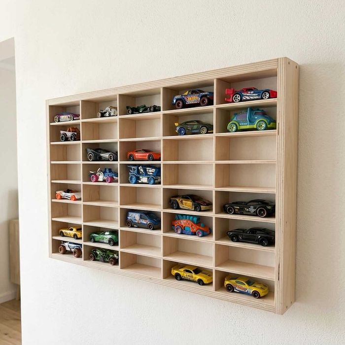 Półka na resoraki autka Hot Wheels 1:64 samochodziki 40 miejsc mała 50x33 sklejka drewniana na ścianę organizer regał NOWY GWARANCJA 24M + GRATIS