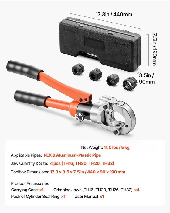 Alicate de Prensa e Cravar Hidráulico Multicamada, Pex, Alumínio e Plástico com mordaças TH 16, 20, 26 e 32mm - Novo