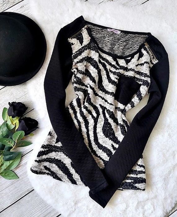 Bluza Sweter 2w1 Zebra Pikowane Rękawy Zwierzęcy Print Zip Wiskoza S M