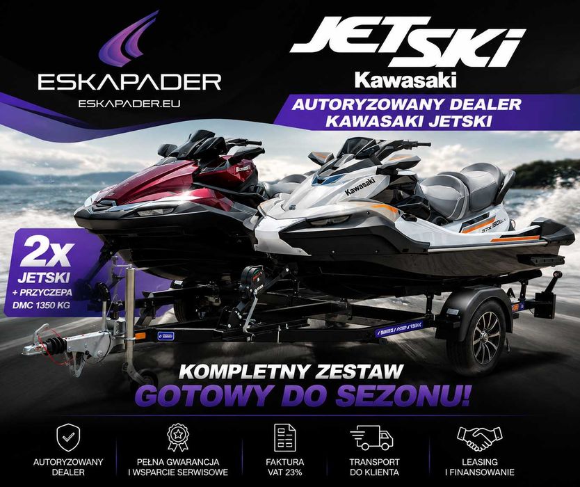 Kawasaki Jet Ski ULTRA 310 LX + STX 160 LX + przyczepa DMC 1350 - HIT ZESTAW Dwa nowe skutery wodne