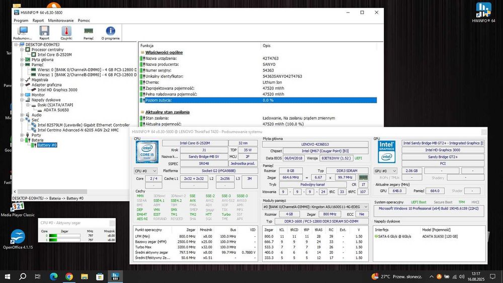 Laptop Lenovo ThinkPad T420/14.1"/i5-2520M-3.2GHz/8GB/SSD120/Win10/Gw