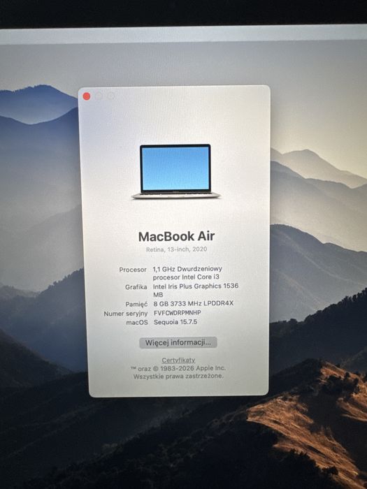 MacBook Air 2020 8/256 156 cykli bateria space gray Retina