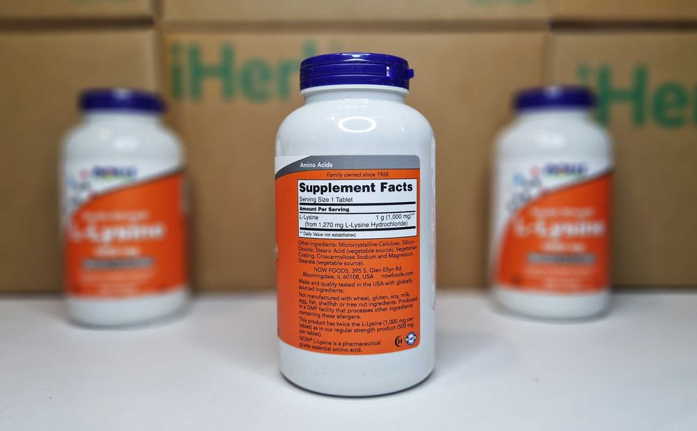 L-лизин Now Foods (L-lysine), 1000 мг, 100 та 250 таблеток