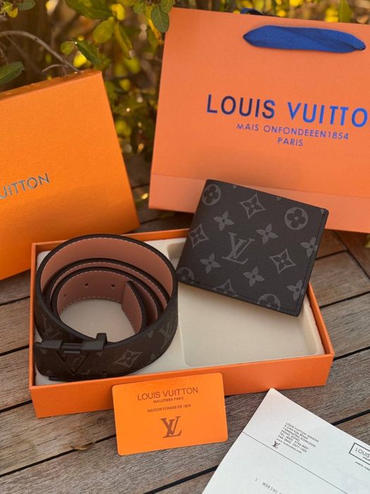 Набор Louis Vuitton мужской черный подарочный набор Лв Луи Витон | Ремінь Луї Вітон чорний чоловічий 105 см шкіряний пояс Louis Vuitton гаманець ЛВ