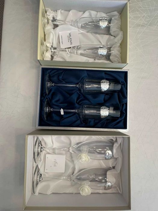Taças de Cristal para Bodas de Prata (25 Anos) com Aplicação em Prata Laminada – Novas c/ Caixa