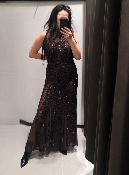 długa brązowa sukienka Zara L 40 cekiny błyszcząca wieczorowa halter o