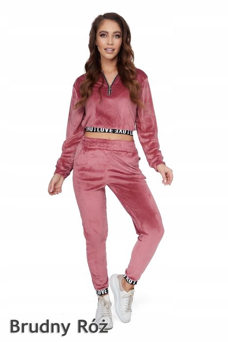 Nowy welurowy różowy dres bluza z kapturem+spodnie rurki wysoki stan L