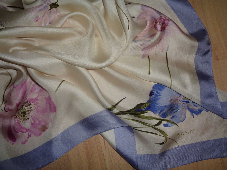 ECHO oryg. śliczna jedwabna pastelowa chusta / apaszka kwiaty LUX