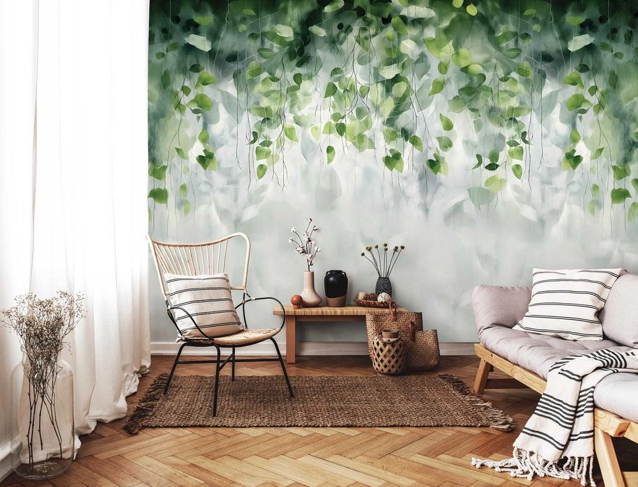 Fototapeta Opadające Zielone Liście Natura Beż 3D Twój Rozmiar + KLEJ