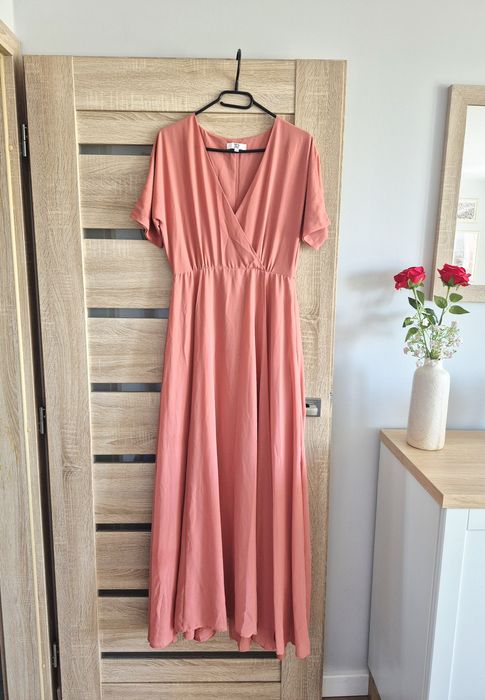 Długa sukienka maxi M 38 krótki rękaw kopertowy dekolt elegancka lekka