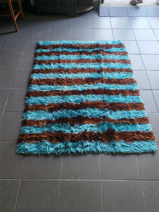 Tapete Azul com Riscas Castanhas 130x157 cm