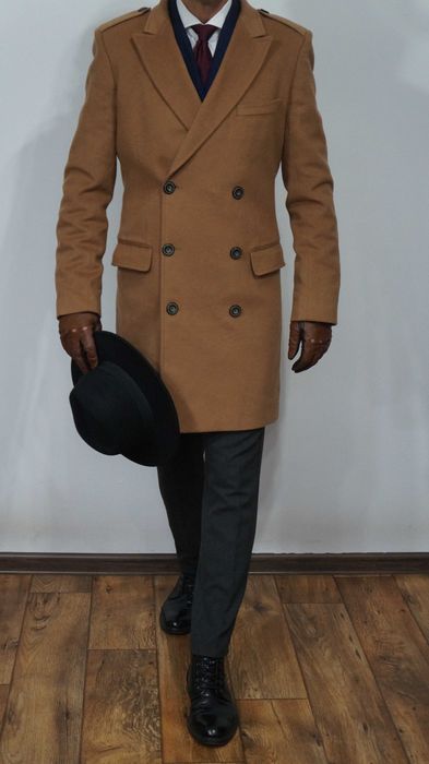 Płaszcz Dwurzędowy Zara Man Wełna Rozmiar XL 185/104 Beżowy