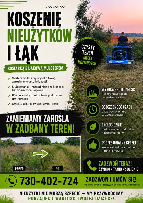 Koszenie kosiarką bjiakowa minitraktorek mulczer czyszczenie dzialek nieużytków usługi usługa
