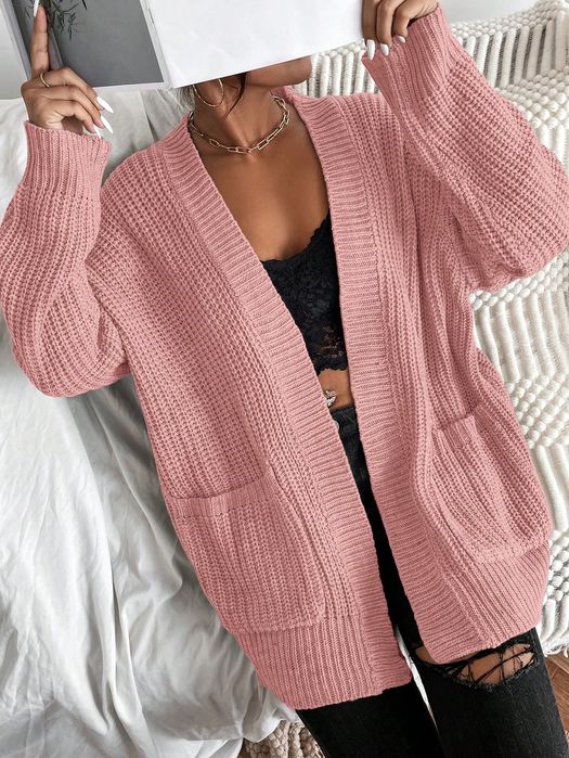 Kardigan Sweter Dzianinowy Bez Zapięcia Różowy Casual Shein S 36