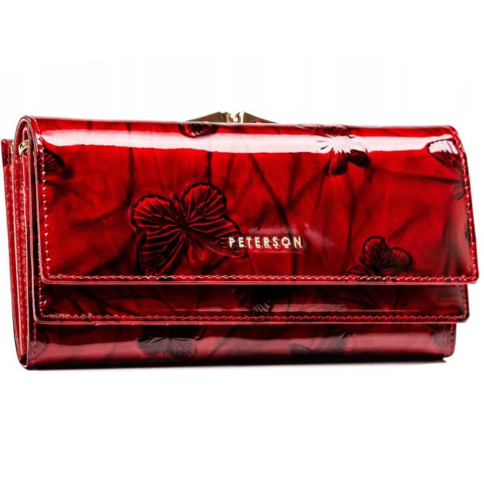 PETERSON portfel damski skórzany lakierowany z motylami P159 czerwony