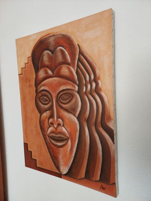 Tela pintura máscara africana oleo sobre tela 73x54cms