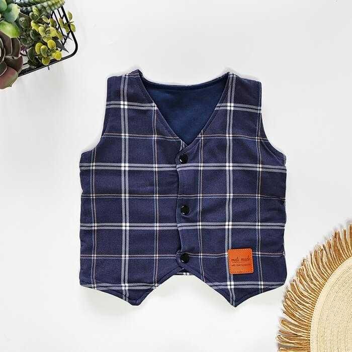 Elegancka chłopięca KAMIZELKA bawełniana granatowa krata garnitur 98