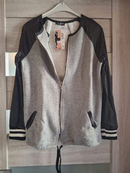 Szara bluza z rękawami z ekoskórki L( M)