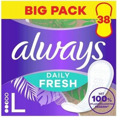 wkładki always daily fresh long 0% substancji, z włókien z roślin 38szt