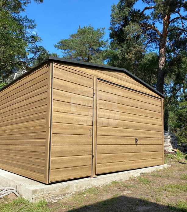 Garaż Blaszany 4x5m Brama uchylna drzwi drewnopodobny dach GP453