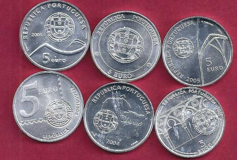 Euros Portugal  6 Moedas de 5 Euros Prata Belas
