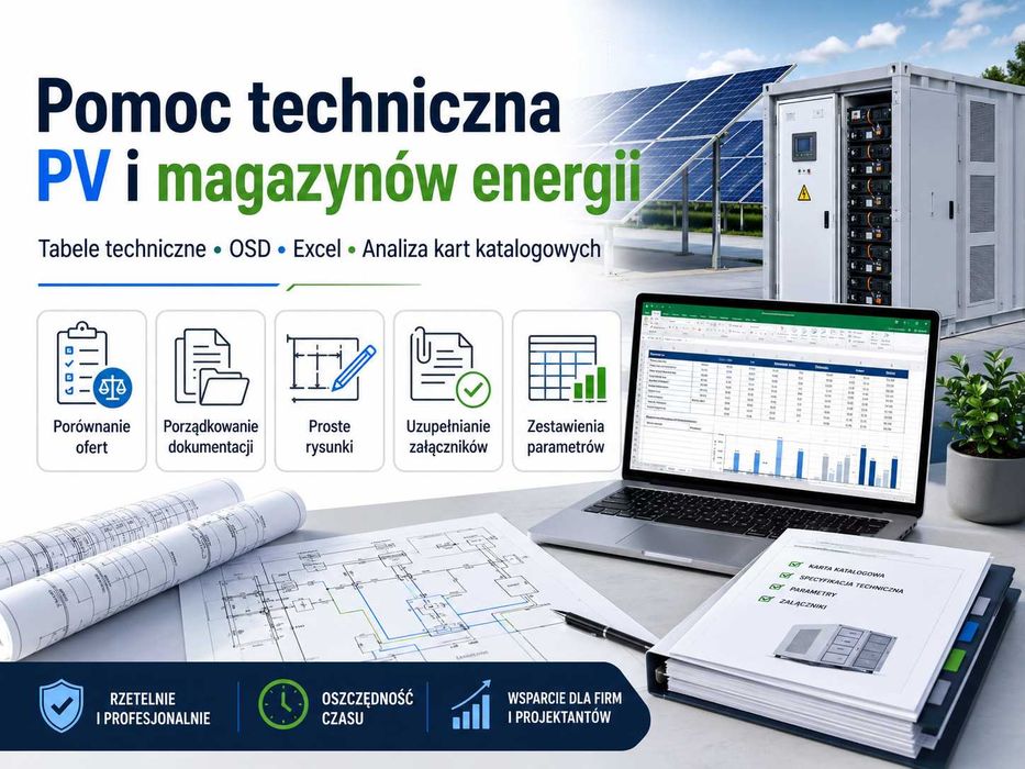 Pomoc techniczna PV i magazyny energii — dane do dokumentacji, Excel, karty katalogowe